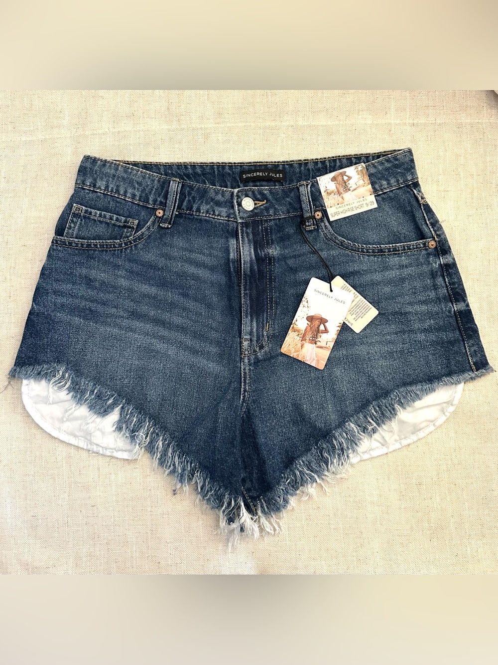 Sincerely Jules Medium Blue Frayed High-Rise Denim Shorts